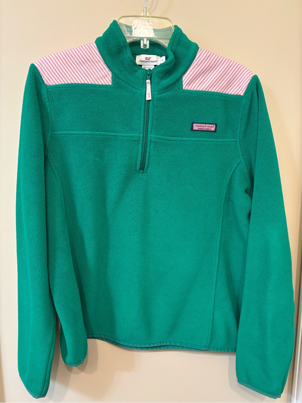 Vineyard Vines Teal Green Half-Zip Fleece Pullover with Pink Stripe Shoulders